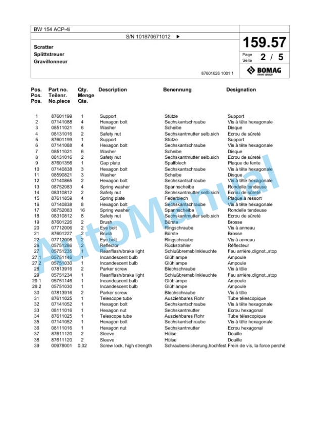 Bomag BW 154 ACP-4i Combination Roller Spare Parts Catalogue 00824591-5