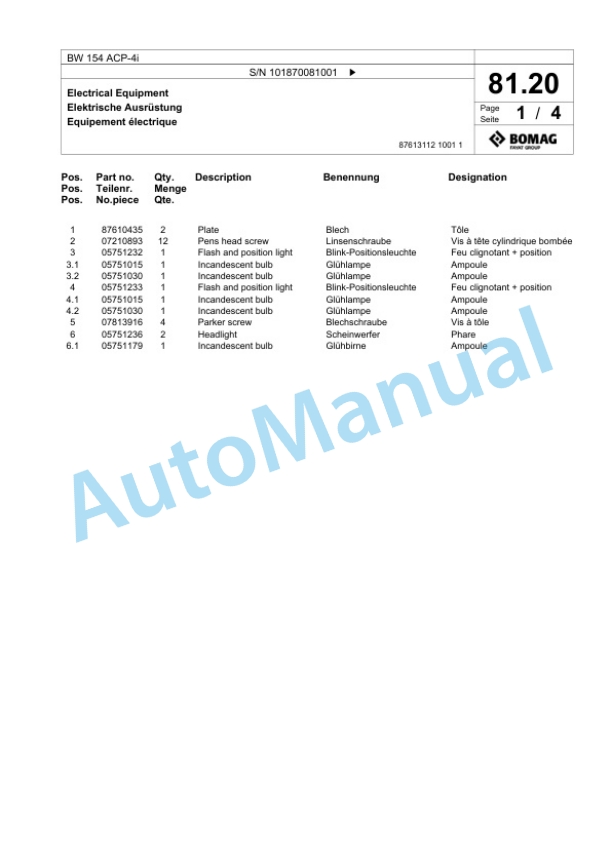 Bomag BW 154 ACP-4i Combination Roller Spare Parts Catalogue 00825385-2