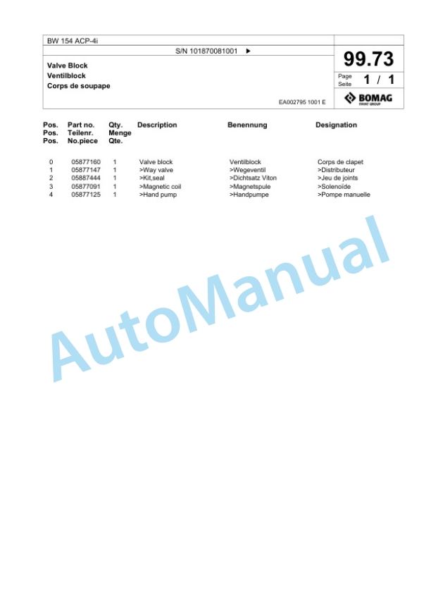 Bomag BW 154 ACP-4i Combination Roller Spare Parts Catalogue 00825385-3