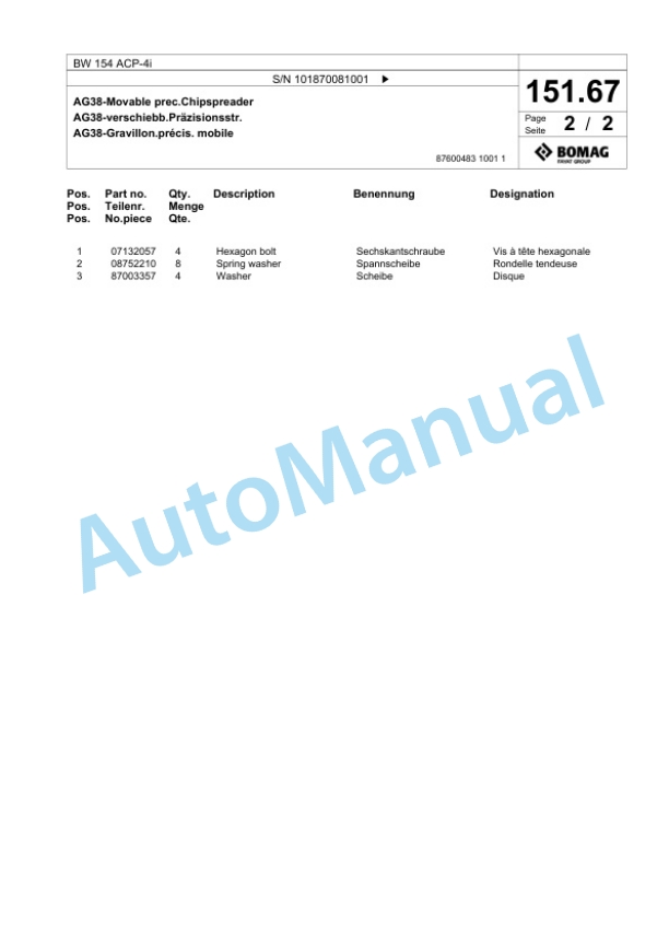 Bomag BW 154 ACP-4i Combination Roller Spare Parts Catalogue 00825385-4