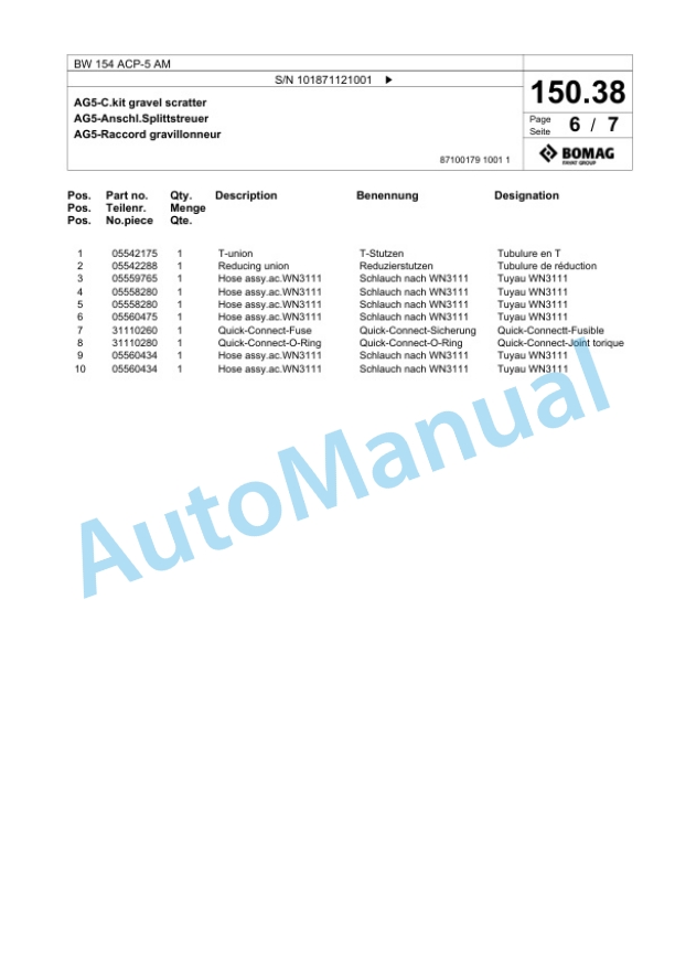 Bomag BW 154 ACP-5 AM Combination Roller Spare Parts Catalogue 00826315-3