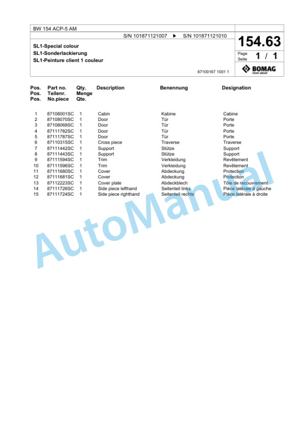 Bomag BW 154 ACP-5 AM Combination Roller Spare Parts Catalogue 00826315-4