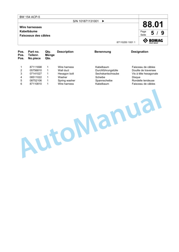 Bomag BW 154 ACP-5 Combination Roller Spare Parts Catalogue 00826317-2