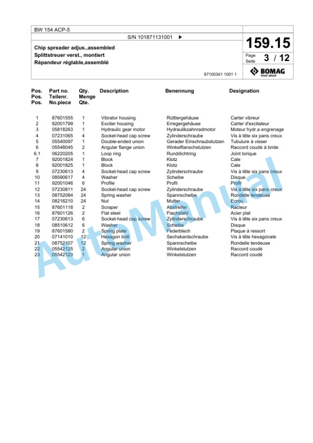 Bomag BW 154 ACP-5 Combination Roller Spare Parts Catalogue 00826317-4