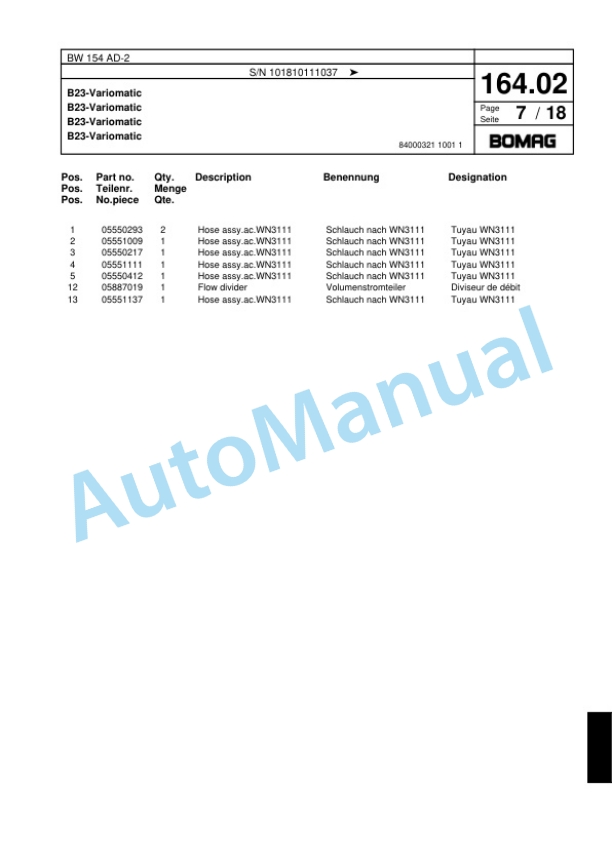 Bomag BW 154 AD-2 Tandem Vibratory Roller Spare Parts Catalogue 00817490-5