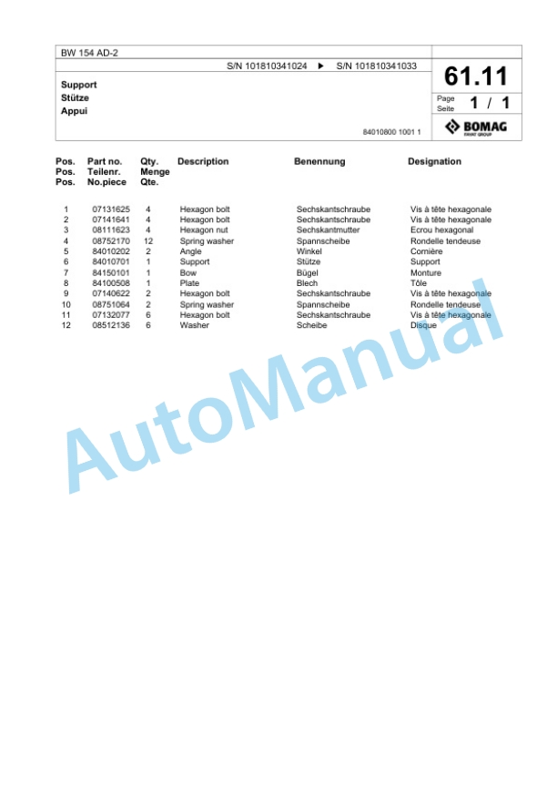 Bomag BW 154 AD-2 Tandem Vibratory Roller Spare Parts Catalogue 00817491-2