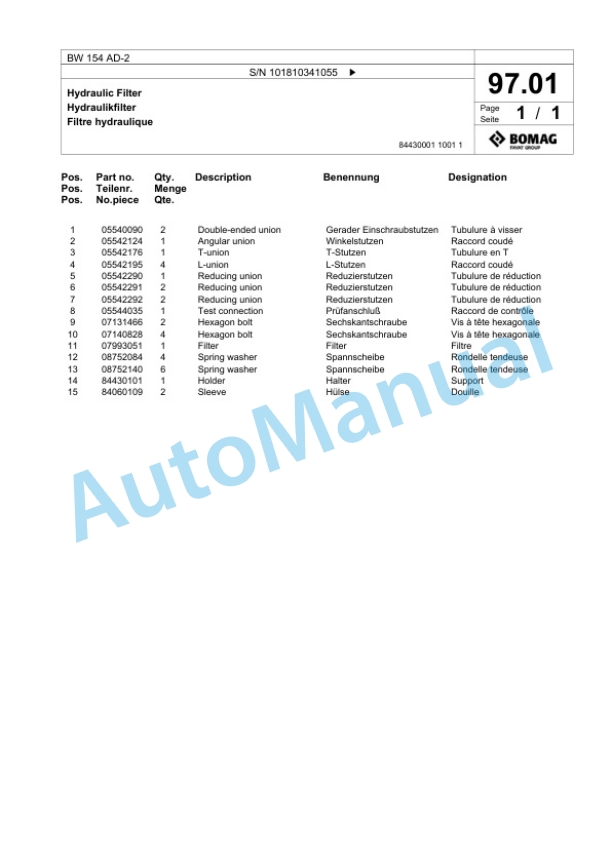 Bomag BW 154 AD-2 Tandem Vibratory Roller Spare Parts Catalogue 00817491-3