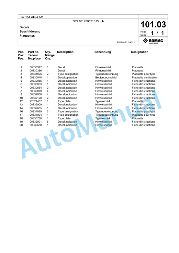 Bomag BW 154 AD-4 AM Tandem Vibratory Roller Spare Parts Catalogue 00818447-3