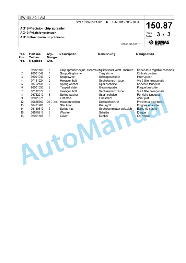 Bomag BW 154 AD-4 AM Tandem Vibratory Roller Spare Parts Catalogue 00818447-5