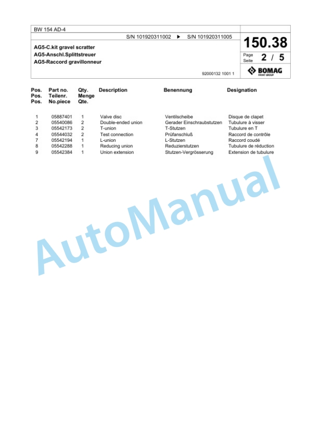 Bomag BW 154 AD-4 Tandem Vibratory Roller Spare Parts Catalogue 00817901-5