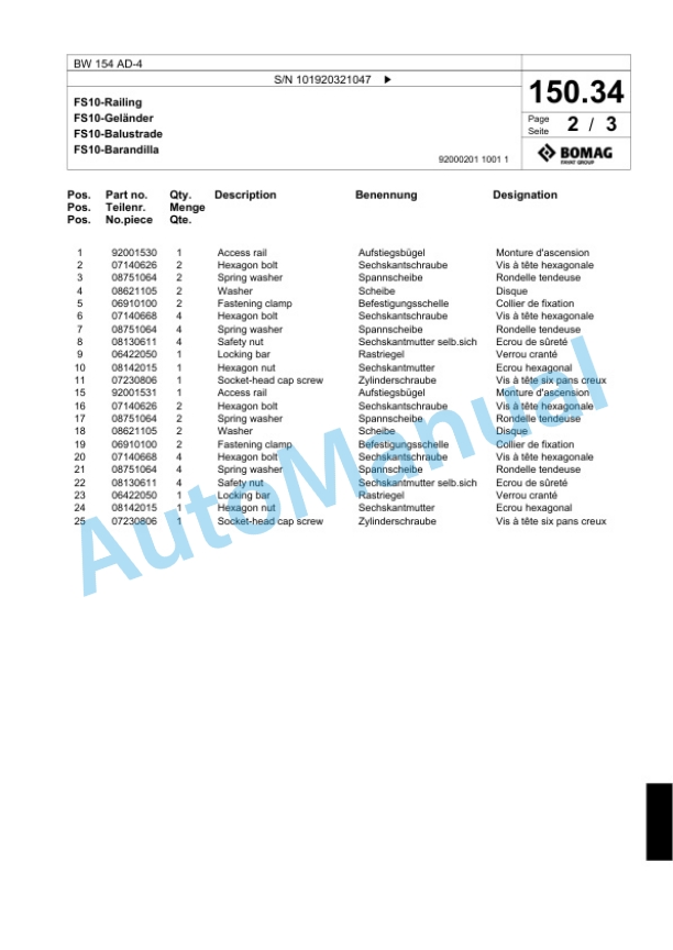 Bomag BW 154 AD-4 Tandem Vibratory Roller Spare Parts Catalogue 00824023-4