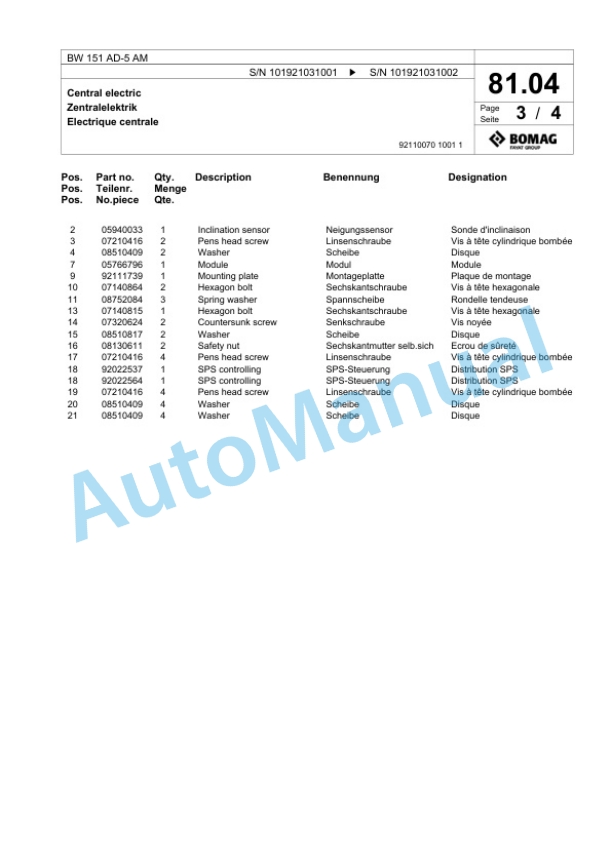 Bomag BW 154 AD-5 AM Tandem Vibratory Roller Spare Parts Catalogue 00824055-2