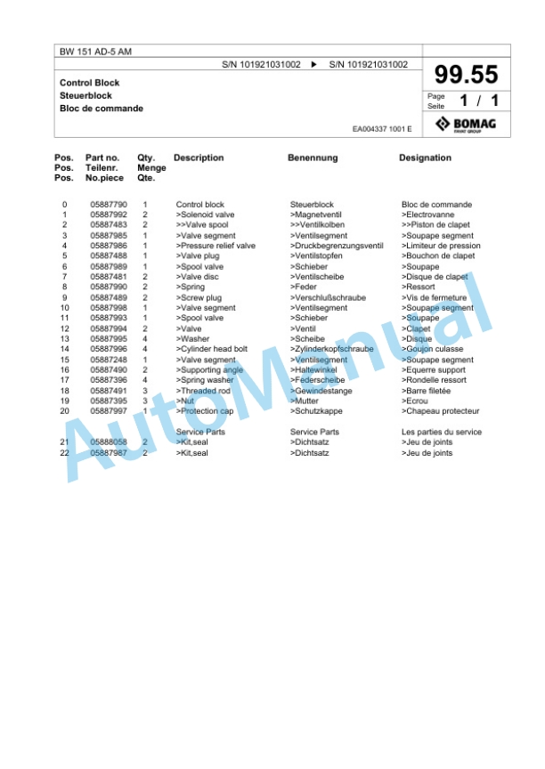 Bomag BW 154 AD-5 AM Tandem Vibratory Roller Spare Parts Catalogue 00824055-3