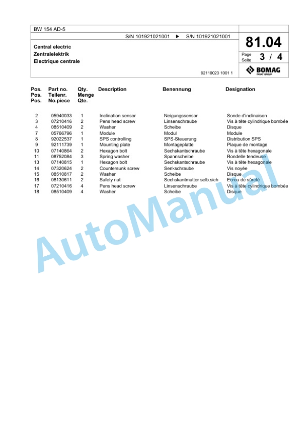 Bomag BW 154 AD-5 Tandem Vibratory Roller Spare Parts Catalogue 00824053-2