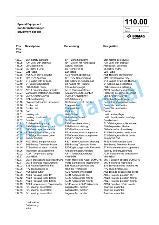 Bomag BW 154 AD-5 Tandem Vibratory Roller Spare Parts Catalogue 00824053-3