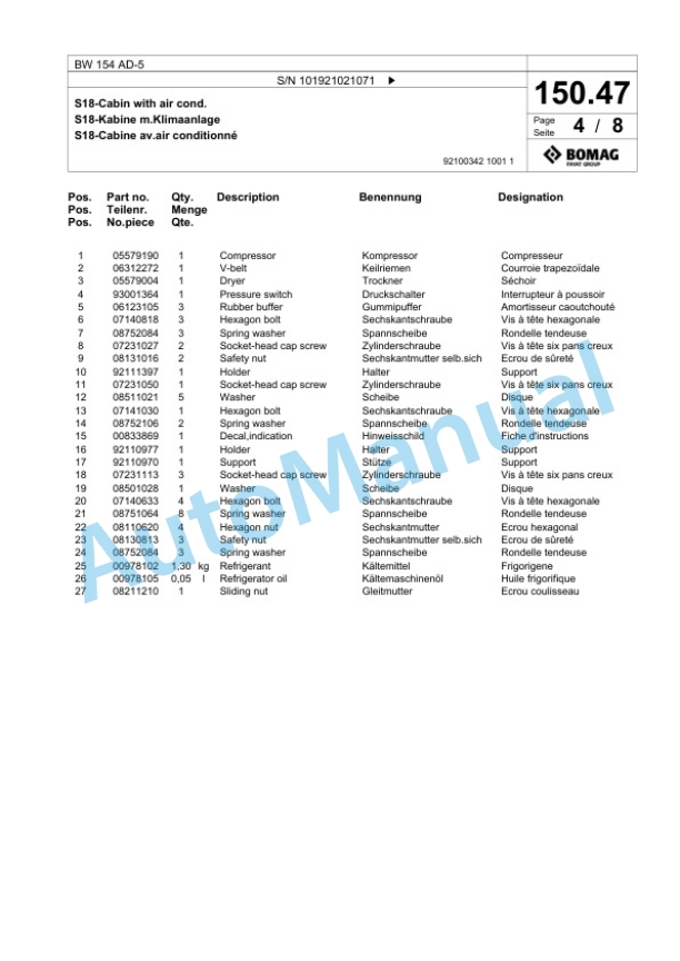 Bomag BW 154 AD-5 Tandem Vibratory Roller Spare Parts Catalogue 00824053-4