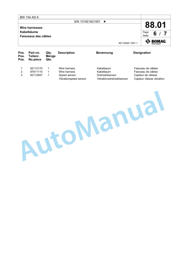 Bomag BW 154 AD-5 Tandem Vibratory Roller Spare Parts Catalogue 00825345-2