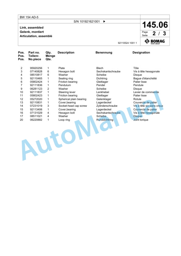 Bomag BW 154 AD-5 Tandem Vibratory Roller Spare Parts Catalogue 00825345-3