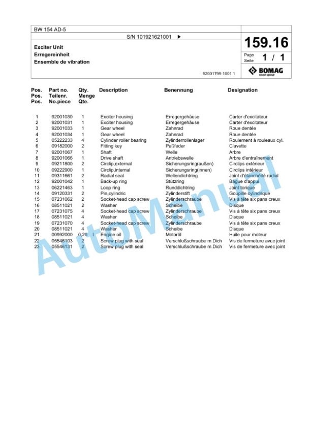 Bomag BW 154 AD-5 Tandem Vibratory Roller Spare Parts Catalogue 00825345-5