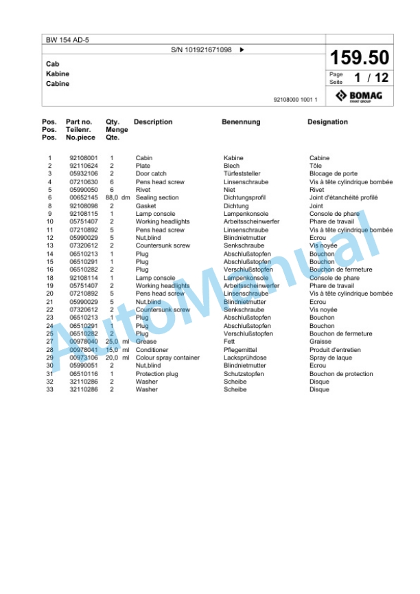 Bomag BW 154 AD-5 Tandem Vibratory Roller Spare Parts Catalogue 00825597-4