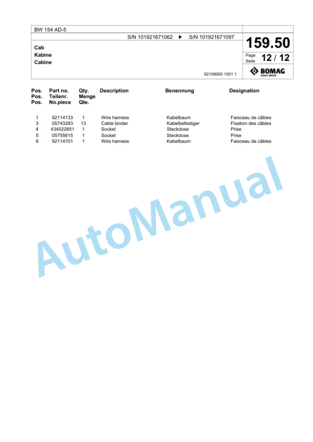 Bomag BW 154 AD-5 Tandem Vibratory Roller Spare Parts Catalogue 00825597-5