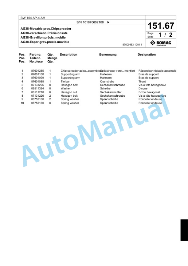 Bomag BW 154 AP-4 AM Tandem Vibratory Roller Spare Parts Catalogue 00818299-5