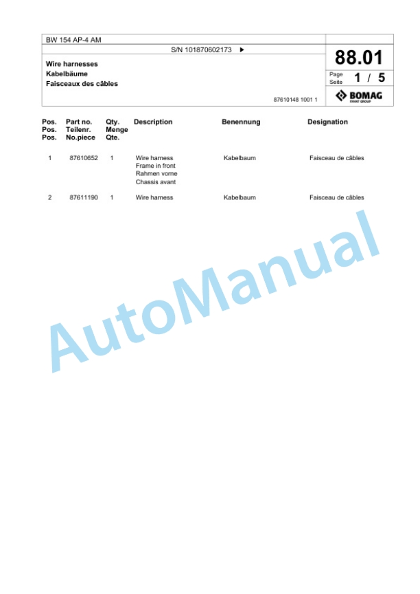 Bomag BW 154 AP-4 AM Tandem Vibratory Roller Spare Parts Catalogue 00824177-2