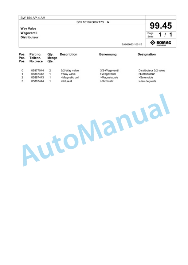Bomag BW 154 AP-4 AM Tandem Vibratory Roller Spare Parts Catalogue 00824177-3