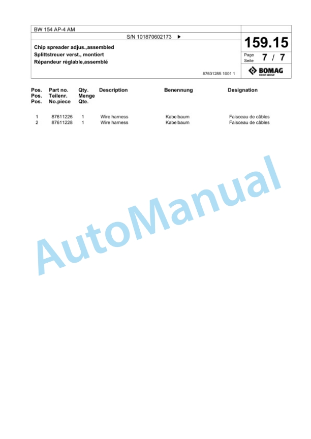 Bomag BW 154 AP-4 AM Tandem Vibratory Roller Spare Parts Catalogue 00824177-5