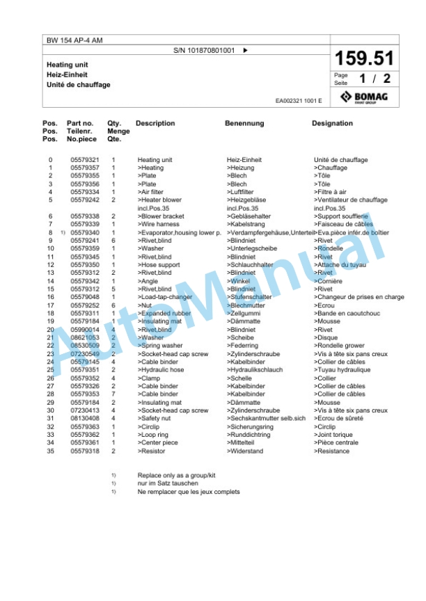 Bomag BW 154 AP-4 AM Tandem Vibratory Roller Spare Parts Catalogue 00824715-5