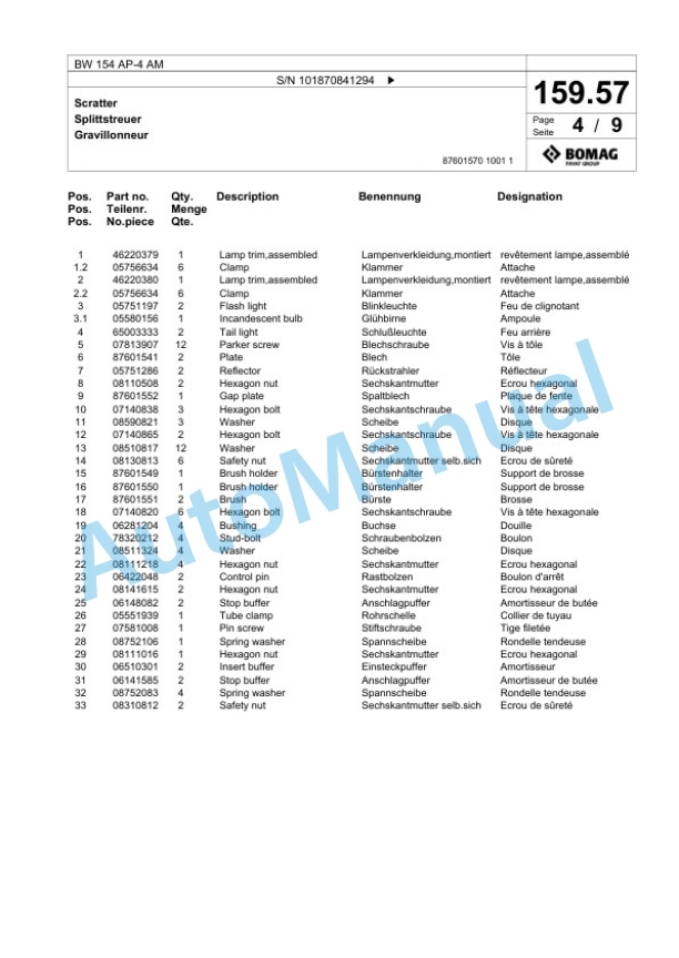 Bomag BW 154 AP-4 AM Tandem Vibratory Roller Spare Parts Catalogue 00825669-5
