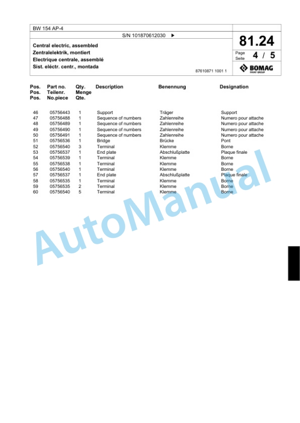 Bomag BW 154 AP-4 Tandem Vibratory Roller Spare Parts Catalogue 00824179-2