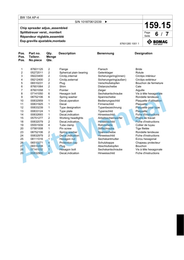 Bomag BW 154 AP-4 Tandem Vibratory Roller Spare Parts Catalogue 00824179-5