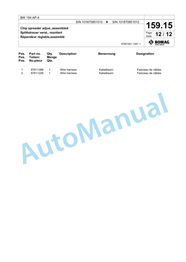 Bomag BW 154 AP-4 Tandem Vibratory Roller Spare Parts Catalogue 00825671-4