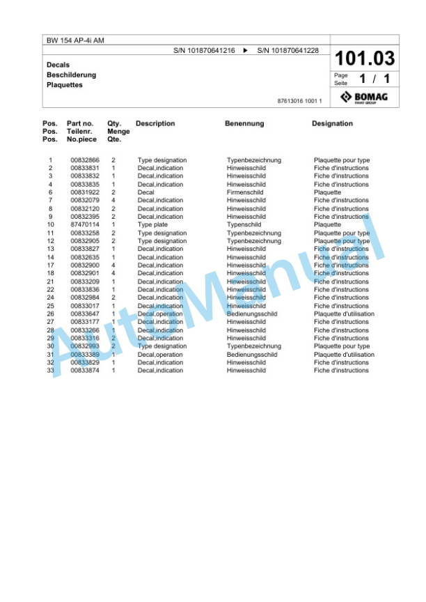 Bomag BW 154 AP-4i AM Tandem Vibratory Roller Spare Parts Catalogue 00824385-3