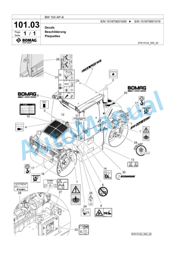 Bomag BW 154 AP-4i Tandem Vibratory Roller Spare Parts Catalogue 00824587-3