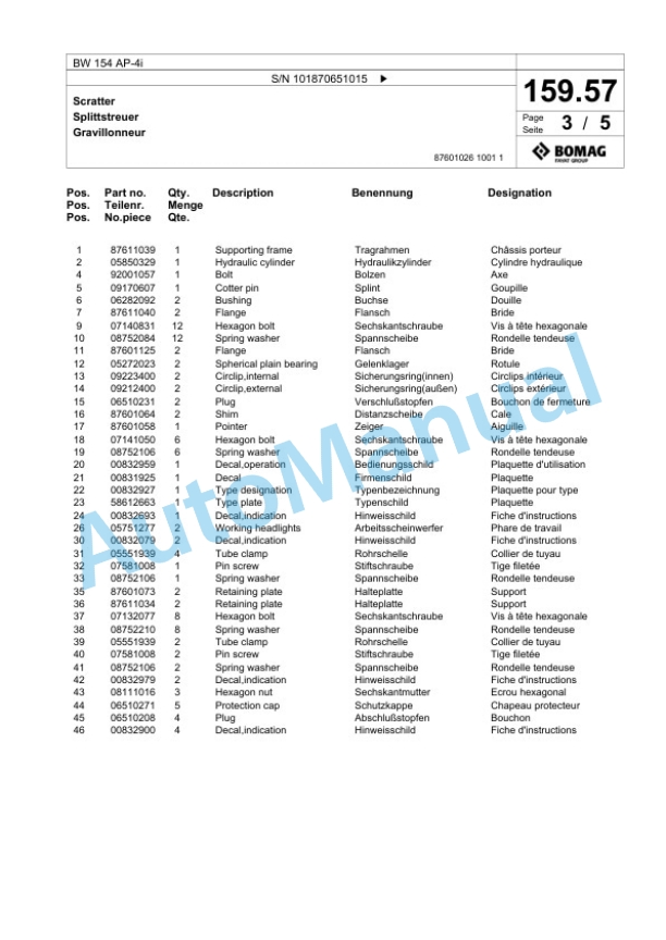 Bomag BW 154 AP-4i Tandem Vibratory Roller Spare Parts Catalogue 00824587-5