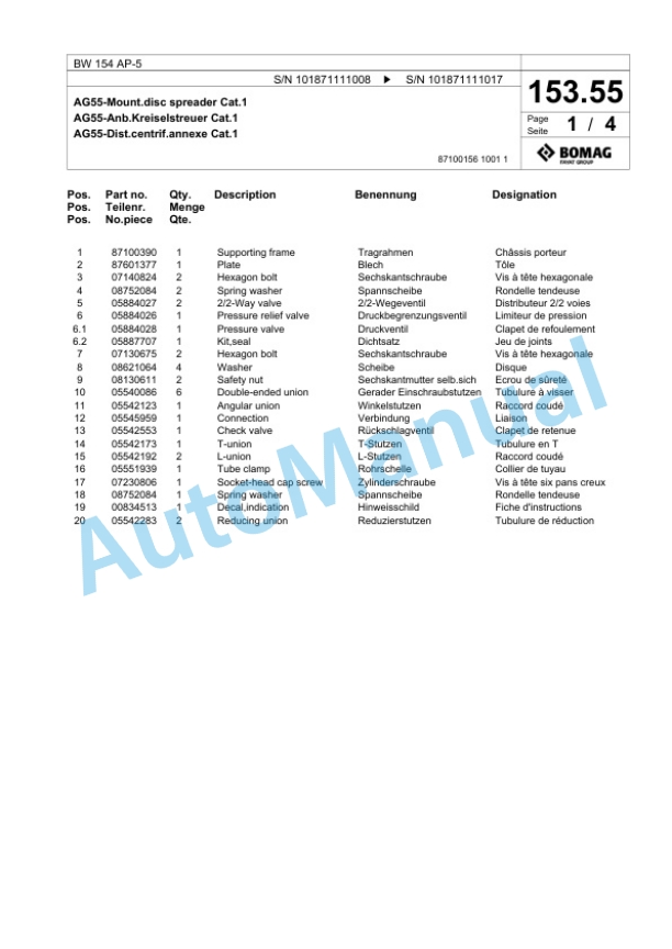 Bomag BW 154 AP-5 Tandem Vibratory Roller Spare Parts Catalogue 00826313-3