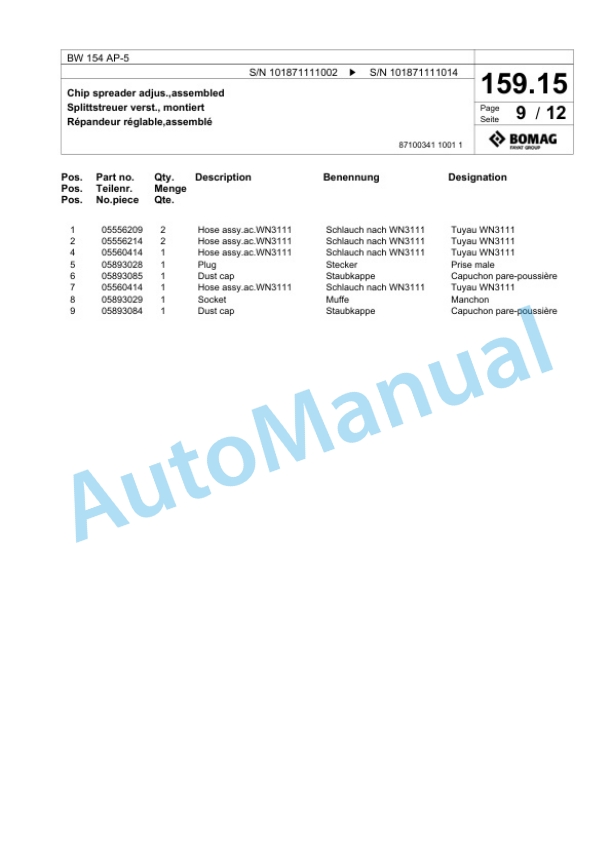 Bomag BW 154 AP-5 Tandem Vibratory Roller Spare Parts Catalogue 00826313-4