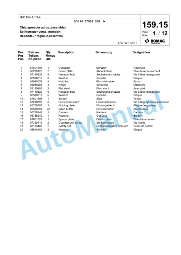 Bomag BW 154 APO-4 Tandem Vibratory Roller Spare Parts Catalogue 00825677-4