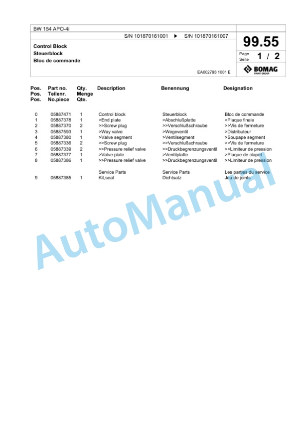 Bomag BW 154 APO-4i Tandem Vibratory Roller Spare Parts Catalogue 00825097-3