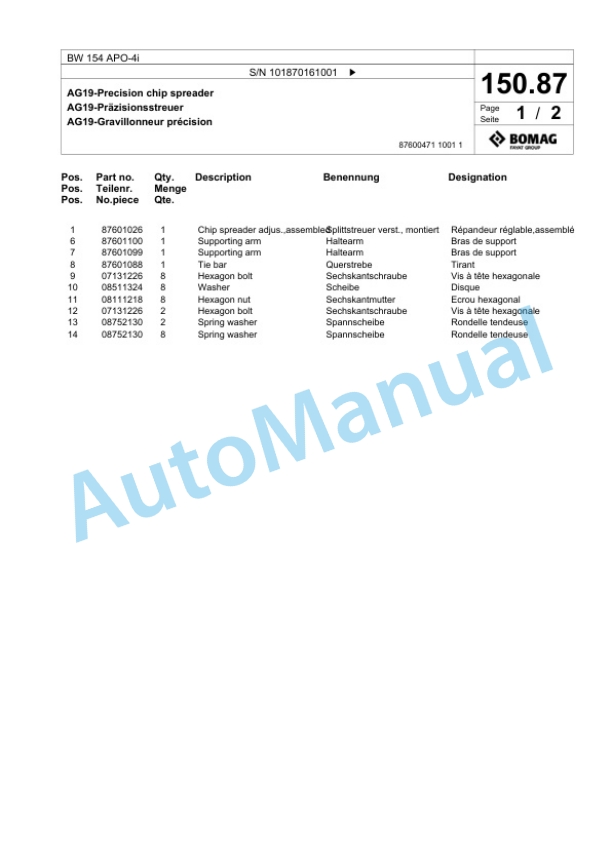 Bomag BW 154 APO-4i Tandem Vibratory Roller Spare Parts Catalogue 00825097-5