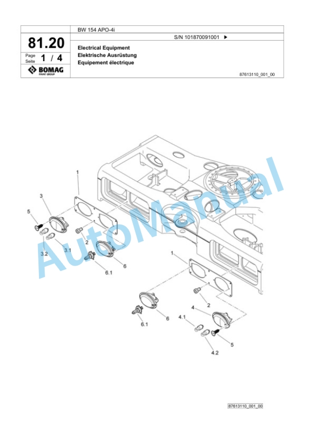 Bomag BW 154 APO-4i Tandem Vibratory Roller Spare Parts Catalogue 00825387-2