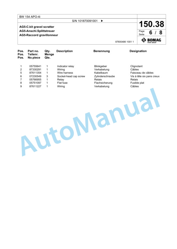 Bomag BW 154 APO-4i Tandem Vibratory Roller Spare Parts Catalogue 00825387-4