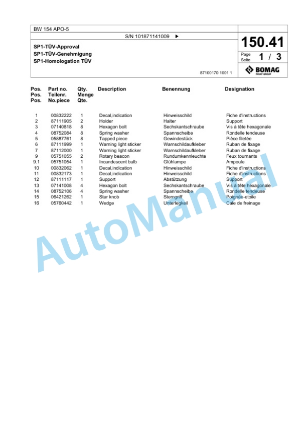 Bomag BW 154 APO-5 Tandem Vibratory Roller Spare Parts Catalogue 00826319-3