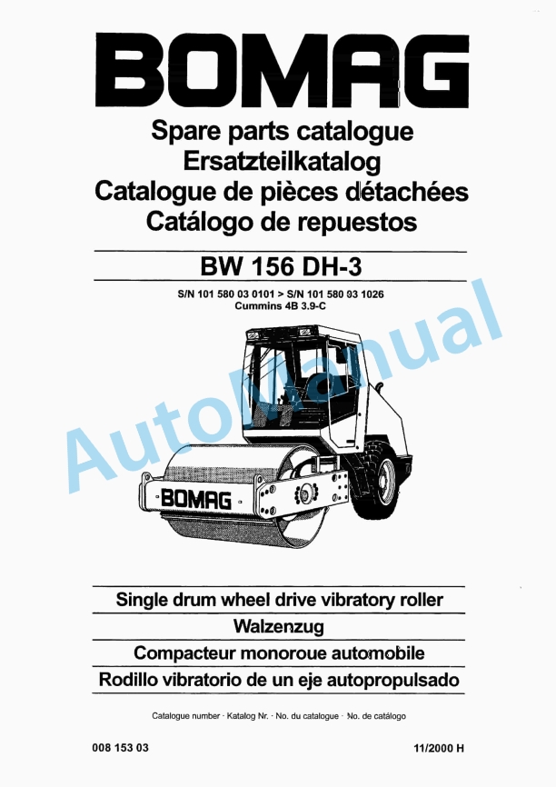 Bomag BW 156 DH-3 Single Drum Wheel Drive Vibratory Roller Spare Parts Catalogue 00815303