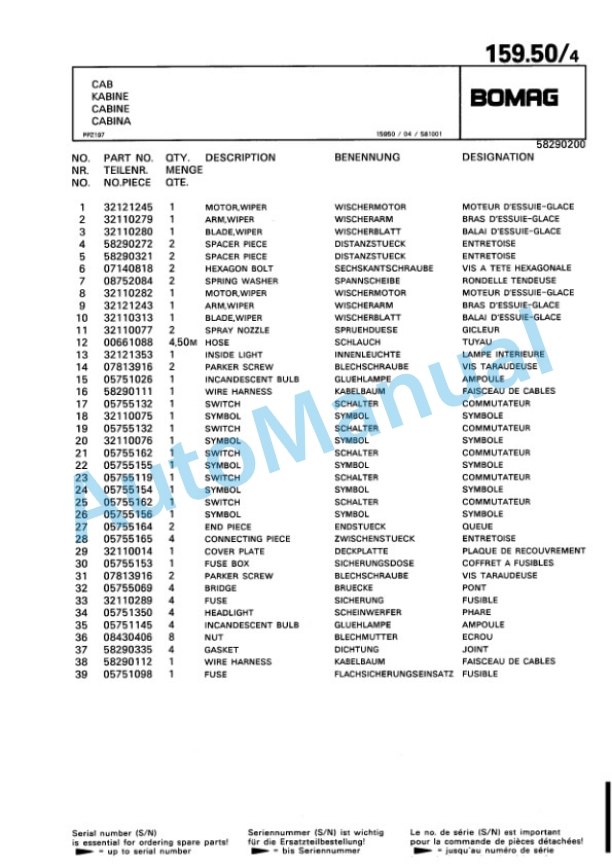 Bomag BW 156 DH-3 Single Drum Wheel Drive Vibratory Roller Spare Parts Catalogue 00815303-5