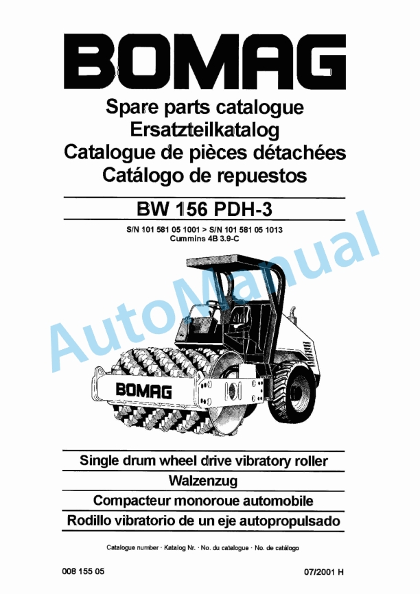 Bomag BW 156 PDH-3 Single Drum Wheel Drive Vibratory Roller Spare Parts Catalogue 00815505