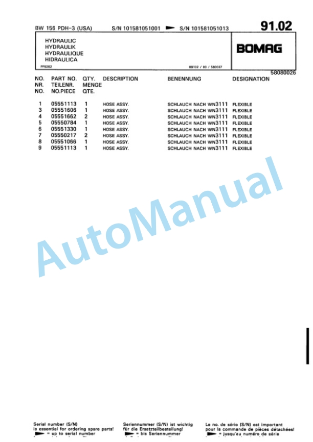 Bomag BW 156 PDH-3 Single Drum Wheel Drive Vibratory Roller Spare Parts Catalogue 00815505-2