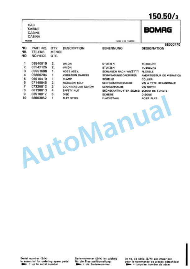 Bomag BW 156 PDH-3 Single Drum Wheel Drive Vibratory Roller Spare Parts Catalogue 00815505-4